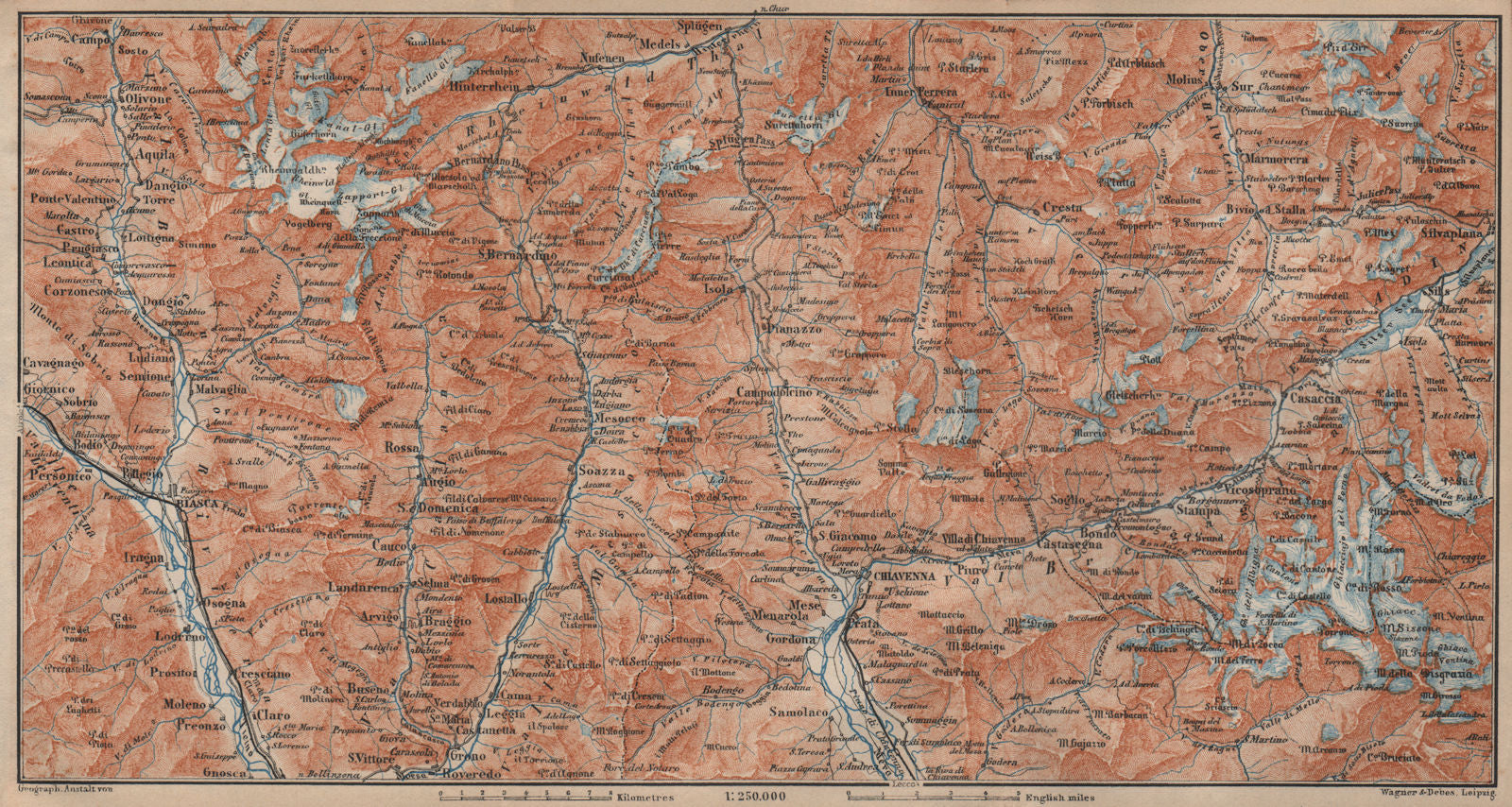 LUKMANIER to MALOJA.Sils Maria Bivio Madesimo Chiavenna San Bernardino 1905 map